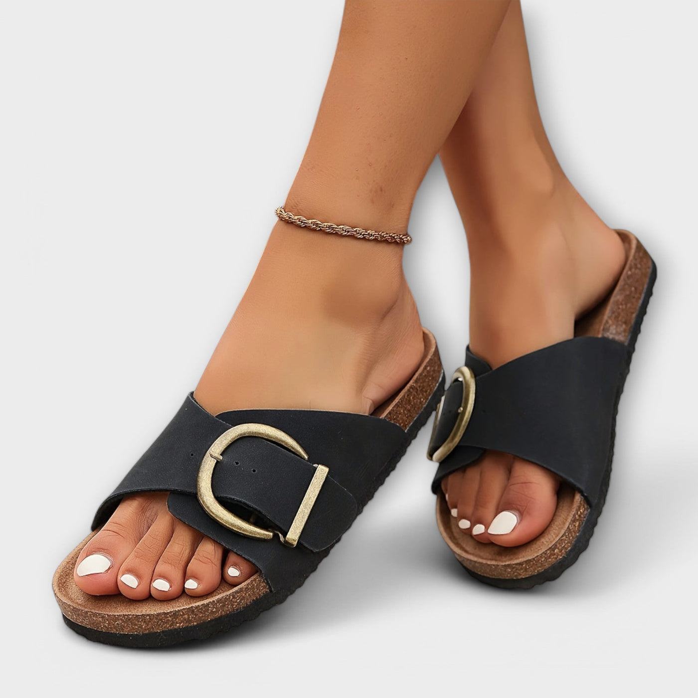 Margie – Women's Cork Slippers with Buckle Closure Design