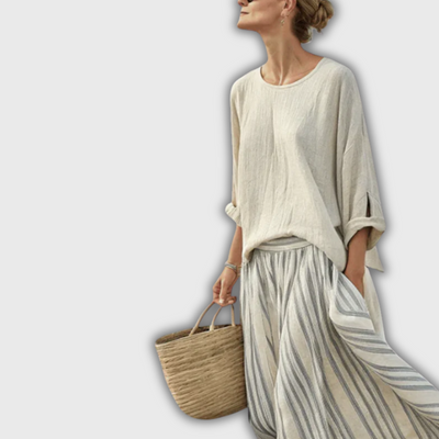 Jane | Casual Linen Set with Striped Skirt