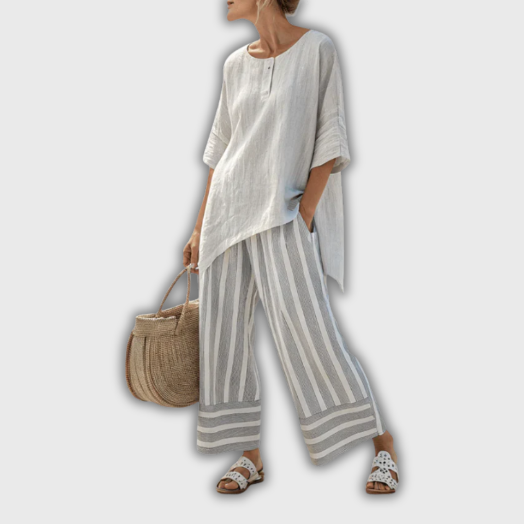 Lara | Line Set with Asymmetric Blouse and Striped Pants