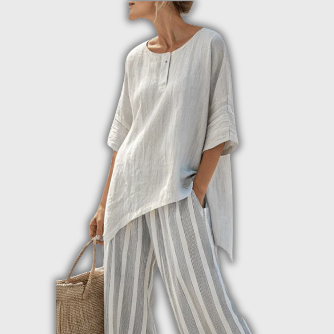 Lara | Line Set with Asymmetric Blouse and Striped Pants