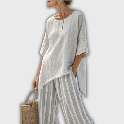 Lara | Line Set with Asymmetric Blouse and Striped Pants
