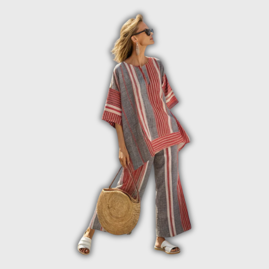 Eva | Linen Set with Coral Red and Grey Striped Pants