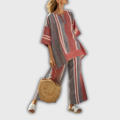 Eva | Linen Set with Coral Red and Grey Striped Pants