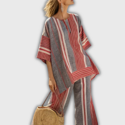 Eva | Linen Set with Coral Red and Grey Striped Pants