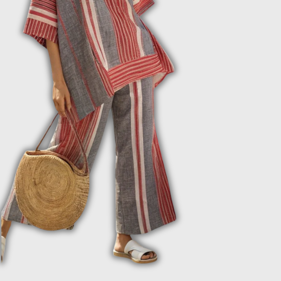Eva | Linen Set with Coral Red and Grey Striped Pants