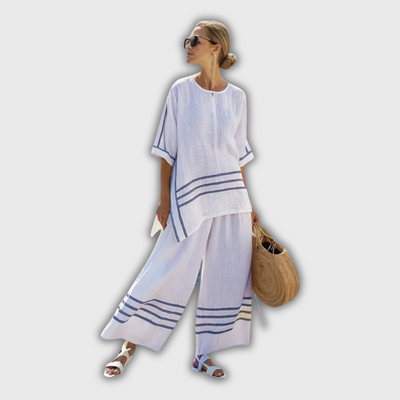 Philippa | Linen Striped Wide-Leg Pants Set with Asymmetrical Cut