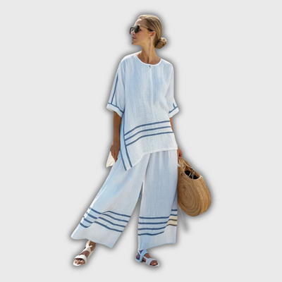 Philippa | Linen Striped Wide-Leg Pants Set with Asymmetrical Cut