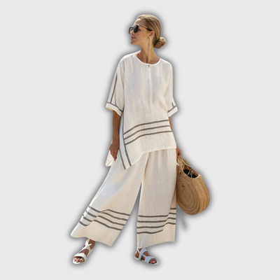 Philippa | Linen Striped Wide-Leg Pants Set with Asymmetrical Cut