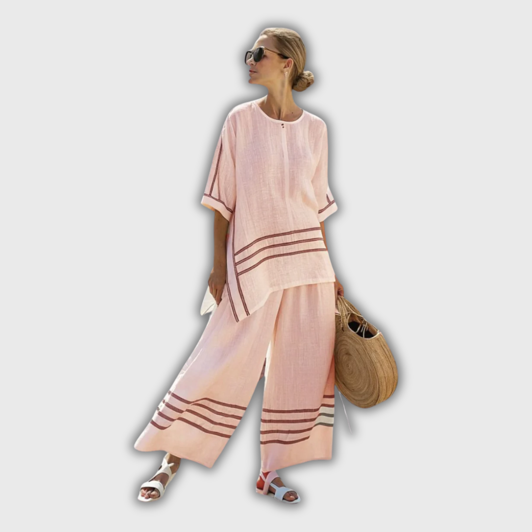 Philippa | Linen Striped Wide-Leg Pants Set with Asymmetrical Cut