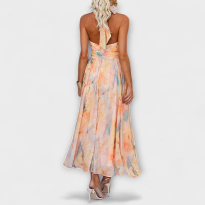 Halter Neck Maxi Dress with Watercolor Print