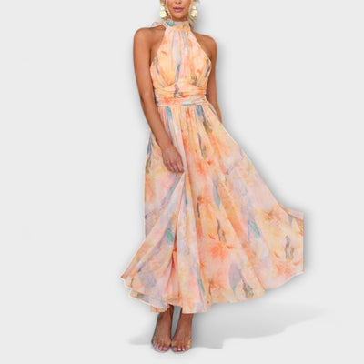Halter Neck Maxi Dress with Watercolor Print