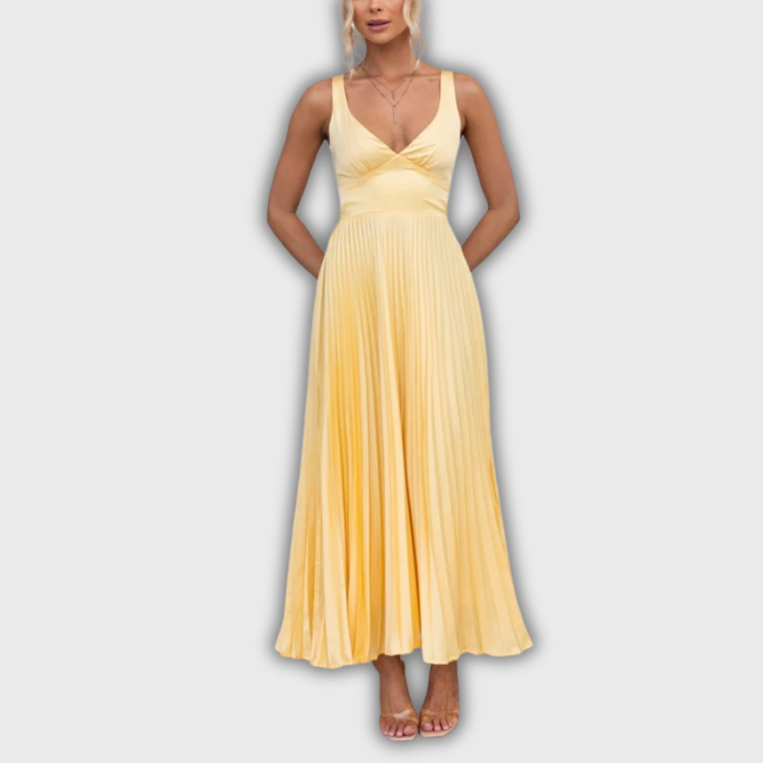 Aby | Yellow Pleated V-Neck Maxi Dress