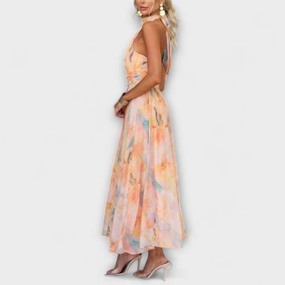 Halter Neck Maxi Dress with Watercolor Print