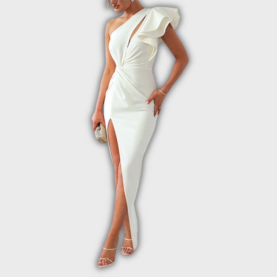 Caz | Off-Shoulder Ruffle Sleeve Midi Dress with Split