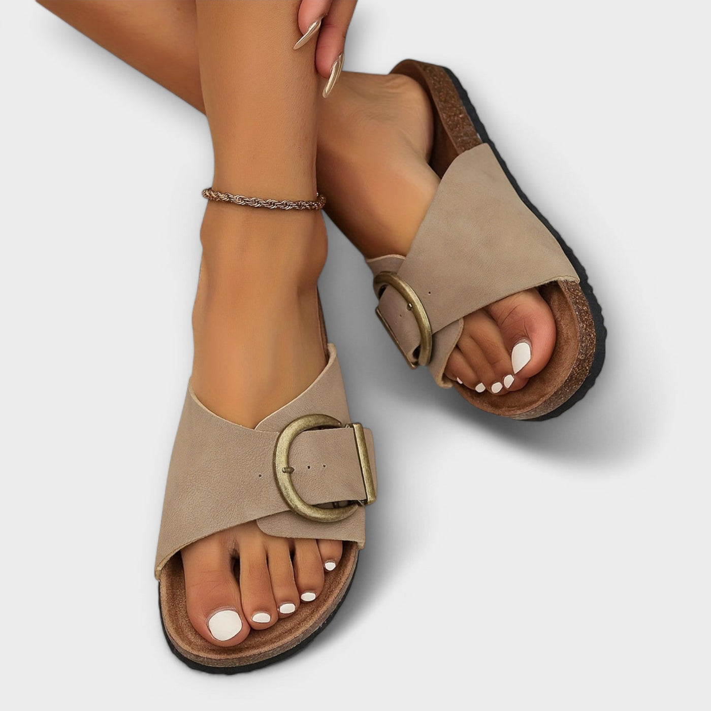 Margie – Women's Cork Slippers with Buckle Closure Design
