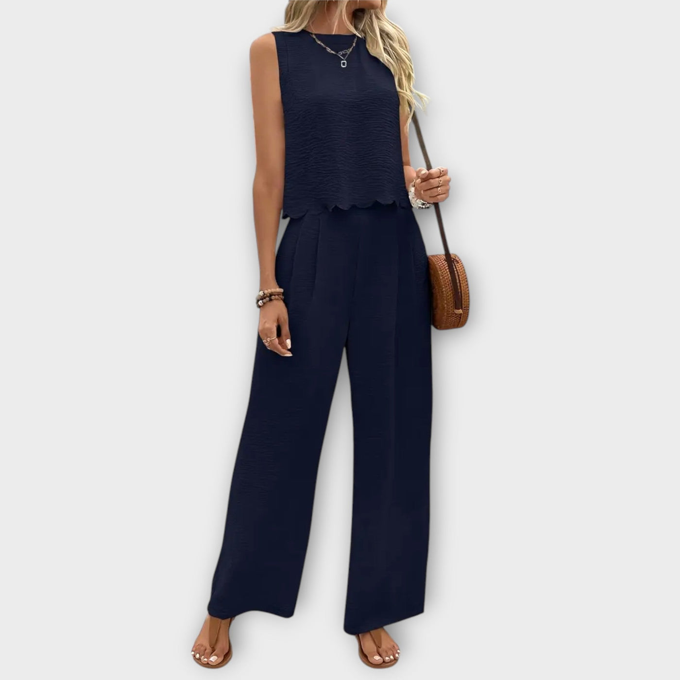 Valeria – Cardigan with Flower Petal Trim & Long Pants