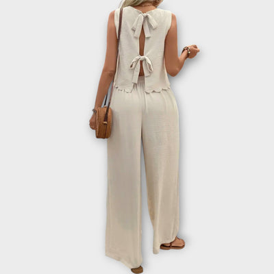 Valeria – Cardigan with Flower Petal Trim & Long Pants