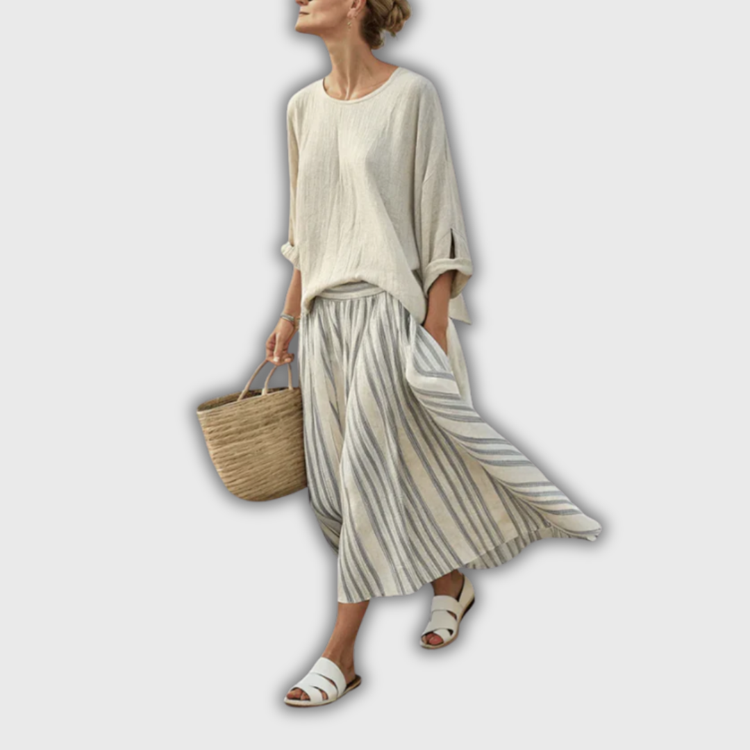 Jane | Casual Linen Set with Striped Skirt