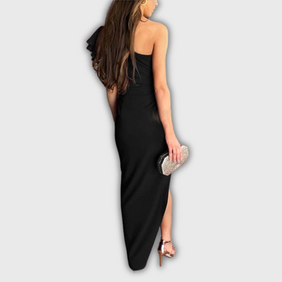 Caz | Off-Shoulder Ruffle Sleeve Midi Dress with Split