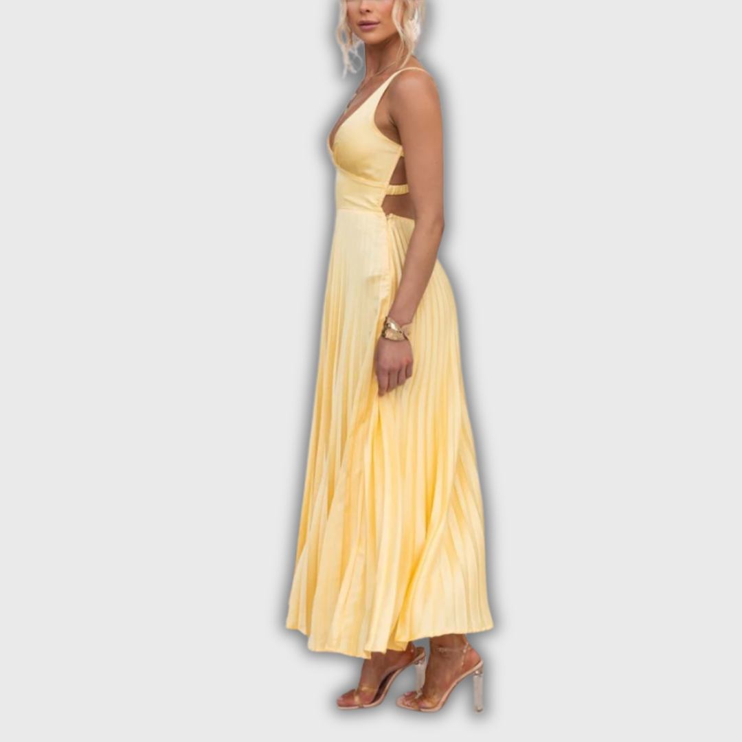 Aby | Yellow Pleated V-Neck Maxi Dress