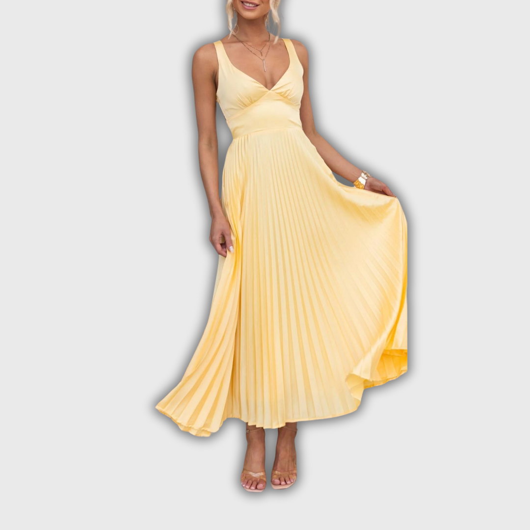 Aby | Yellow Pleated V-Neck Maxi Dress