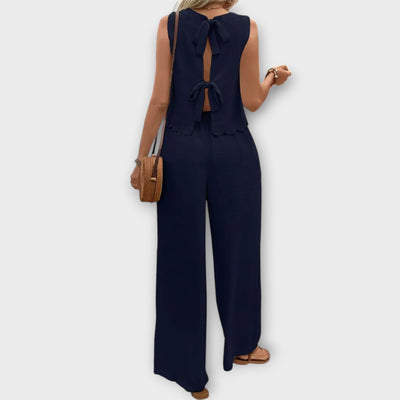 Valeria – Cardigan with Flower Petal Trim & Long Pants