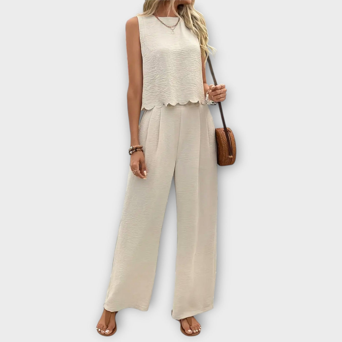 Valeria – Cardigan with Flower Petal Trim & Long Pants